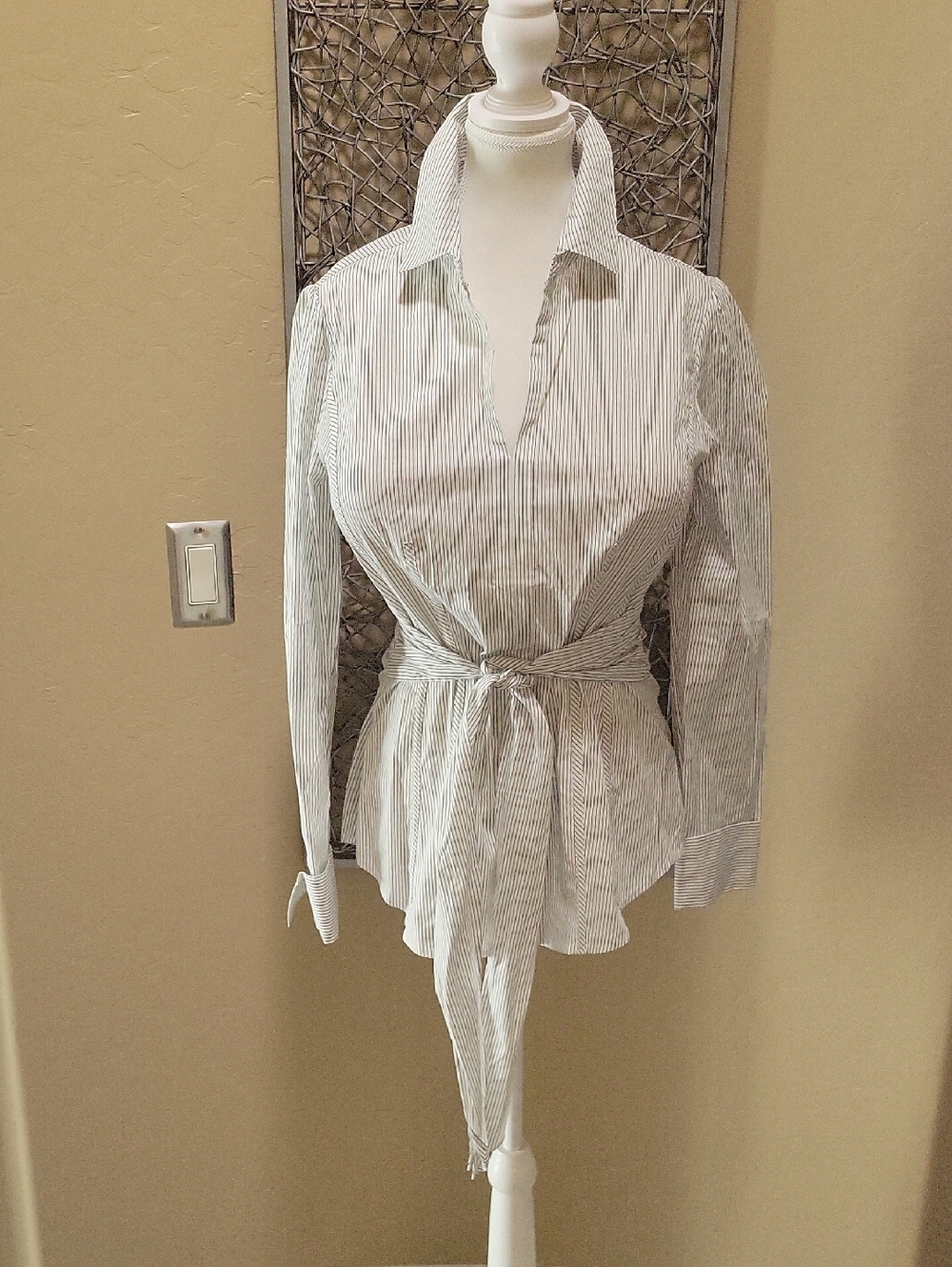 WHBM Striped Tie-Waist Button-Front Shirt With French Cuffs